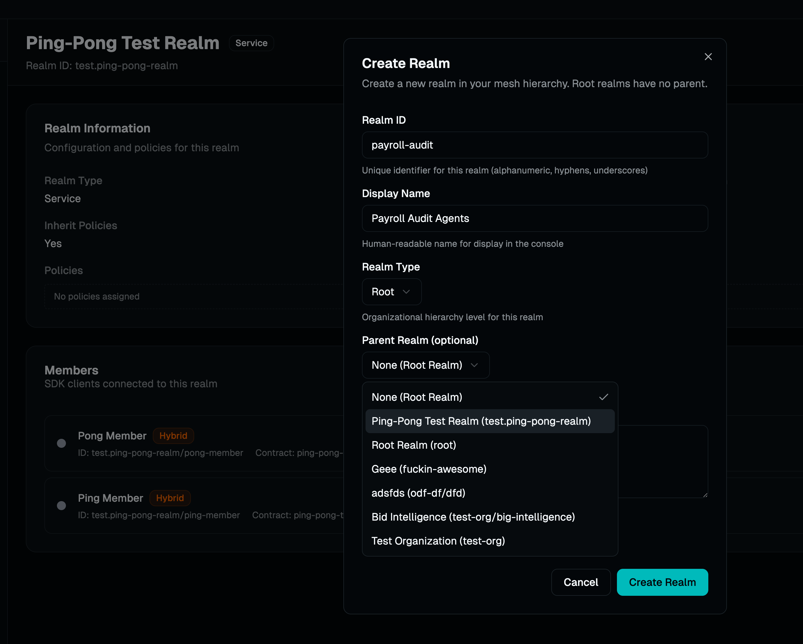 Create Realm Dialog - Defining realm hierarchy and access control